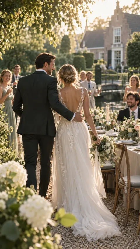 Newlyweds arriving at their garden wedding