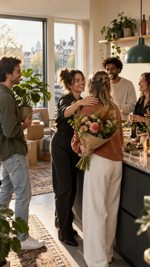 Friends celebrating a housewarming in a new apartment