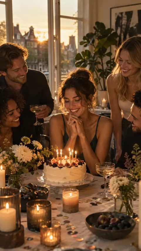 Friends celebrating a birthday around a cake at sunset
