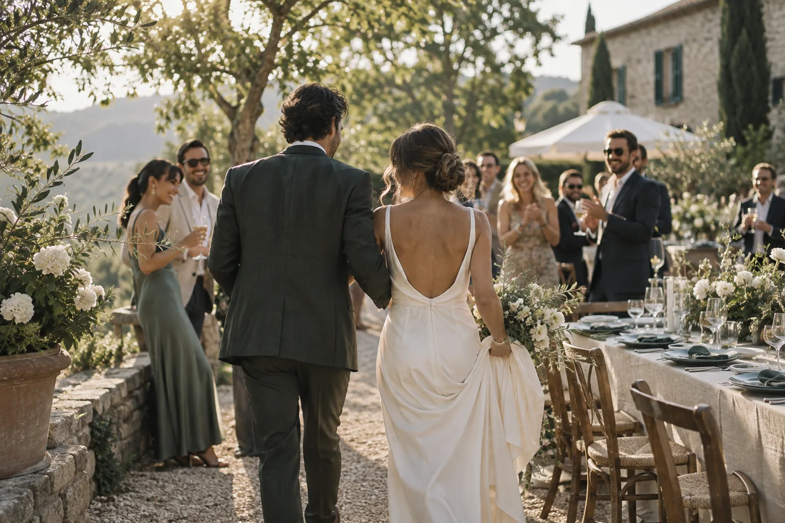 Newlyweds walking towards the guests at their garden wedding