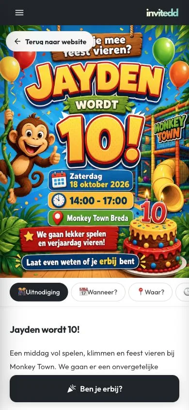 Mobile Invitedd invitation with flyer, clear navigation and RSVP button